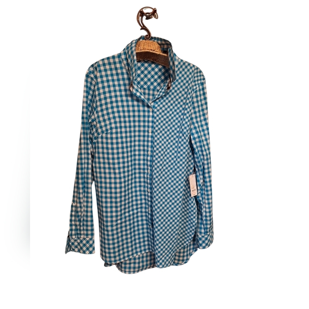 Button Down Long Sleeved Checked 100% Cotton Blouse Ladies Large New With Tags